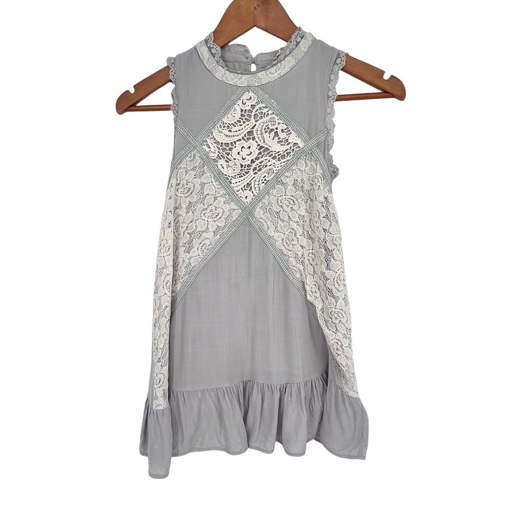 Hayden Girls Lace Panel Top Girls Medium Grey Cottagecore Sleeveless Ruffle NEW